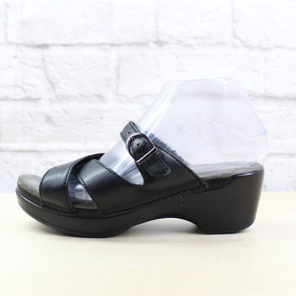 DANSKO Sela Black Leather Slide Wedge Sandals Size